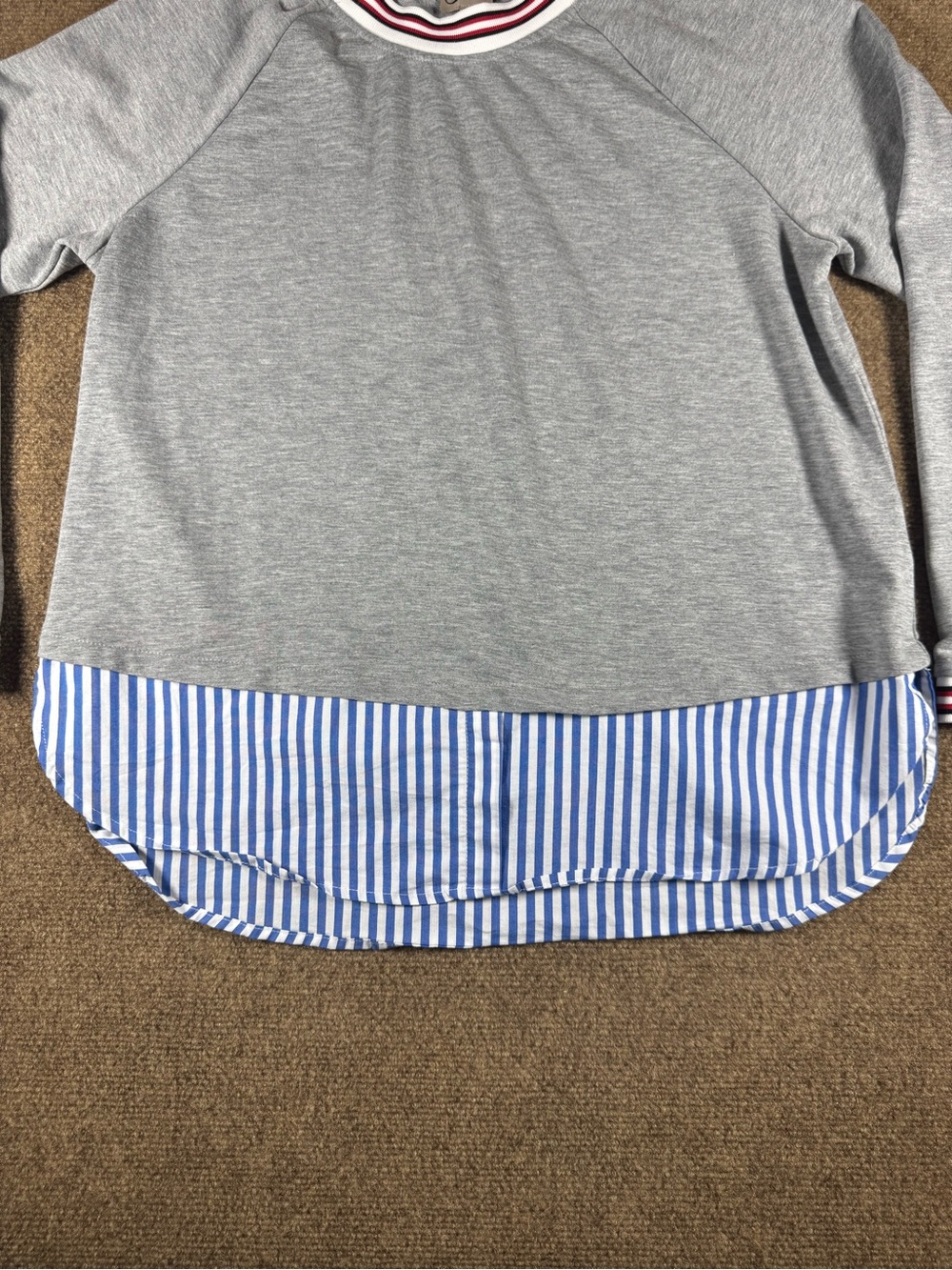 Sweater Top Gray Mixed Media Mock Layering Large Pullover Striped Hem Top - Picture 3 of 11